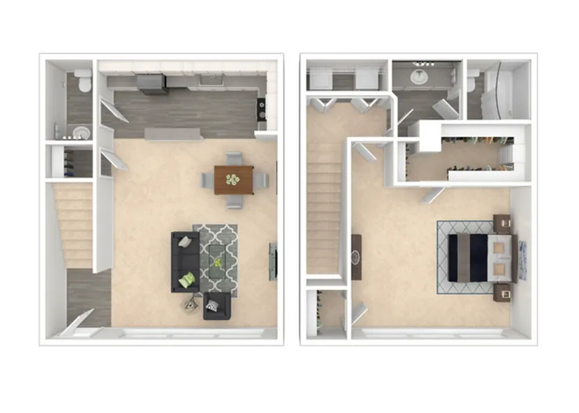 Modern two-story floor plan featuring an open living area with a sleek kitchen, a spacious bedroom with en-suite bathroom, and elegant design throughout.