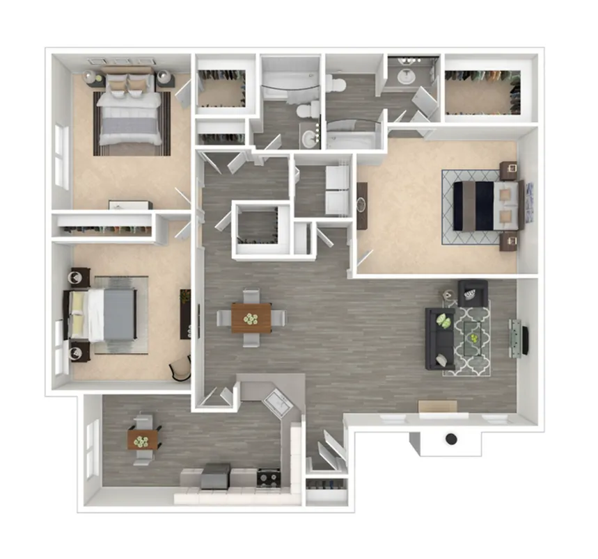 Modern 3-bedroom floor plan showcasing open-concept living and dining areas, spacious kitchen, and two luxurious bathrooms.
