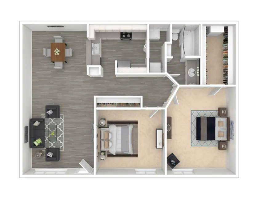 Contemporary 3D floor plan showcasing 2 spacious bedrooms, an inviting living room, and a sleek kitchen with dining area.