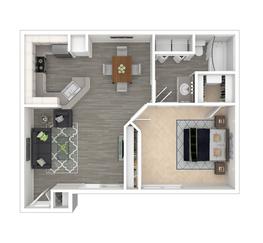 Contemporary 2D floor plan showcasing 1 bedroom, open-concept living and dining area, modern kitchen, and inviting layout.