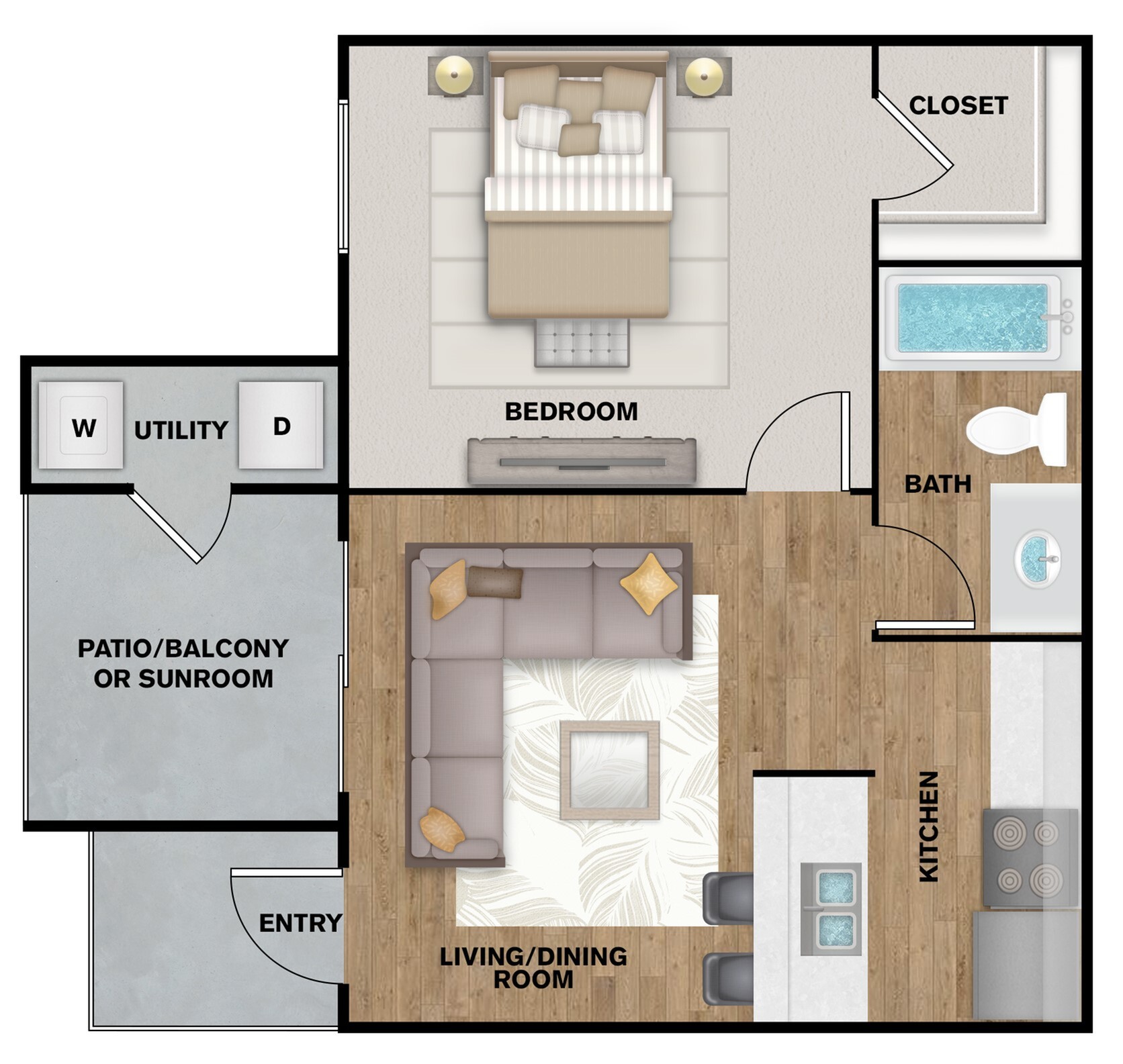 Charming 1-bedroom floor plan featuring a cozy living/dining area, modern kitchen, and inviting balcony. Includes bath and utility space.