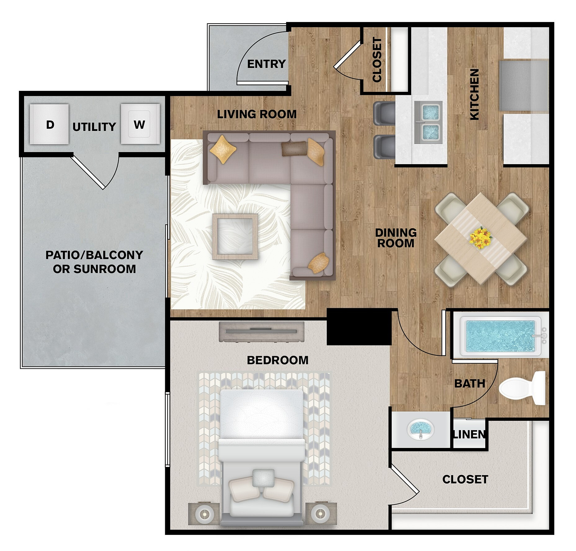 Chic floor plan featuring one bedroom, open living and dining area, modern kitchen, bath, and spacious patio/balcony.