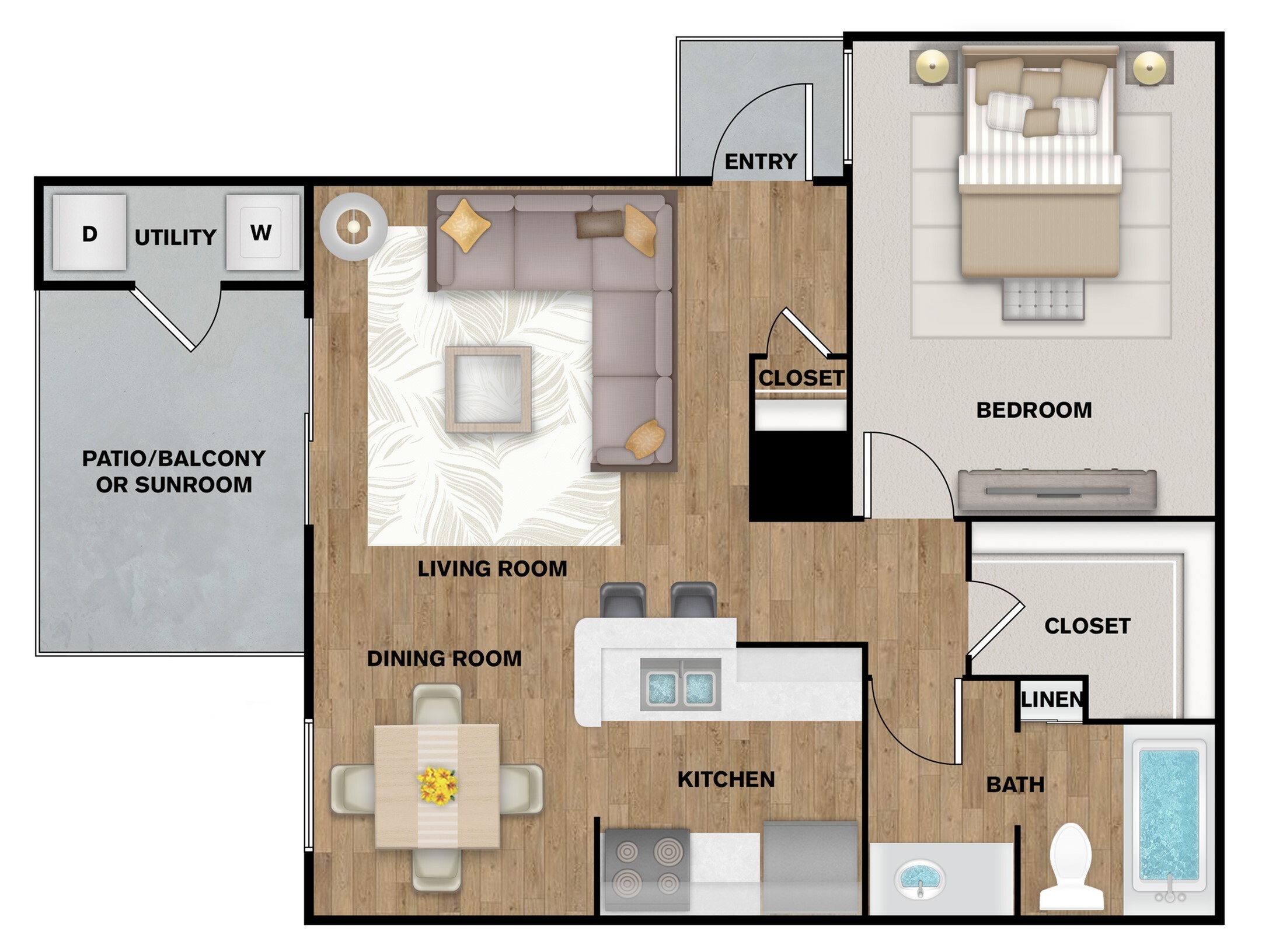 Modern floor plan showcasing a cozy one-bedroom apartment with an inviting living room, sleek kitchen, and charming dining area. Includes a private patio and utility room for added convenience.