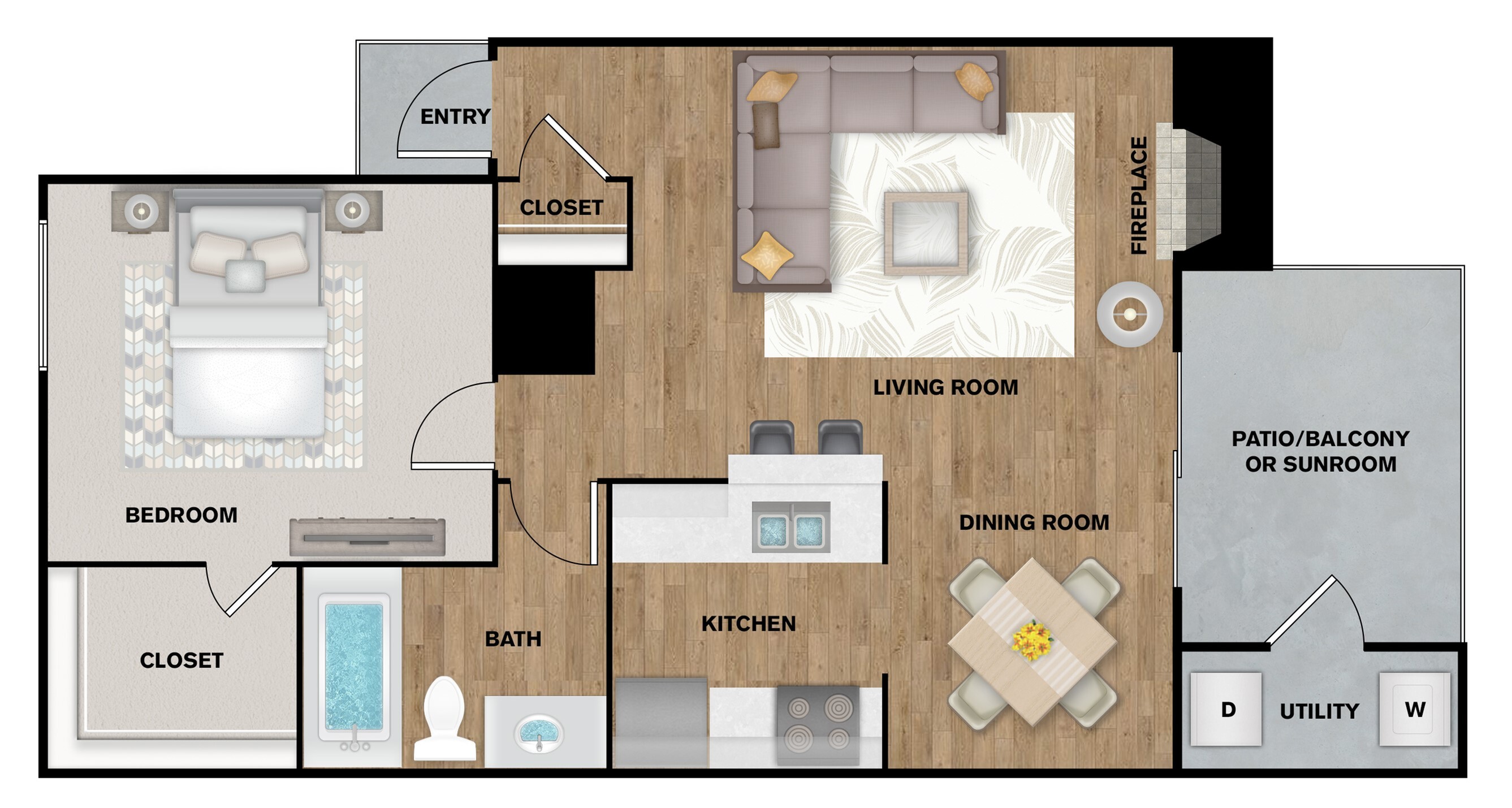 Charming floor plan showcasing a cozy one-bedroom apartment with a spacious living room, modern kitchen, dining area, and inviting patio or sunroom.