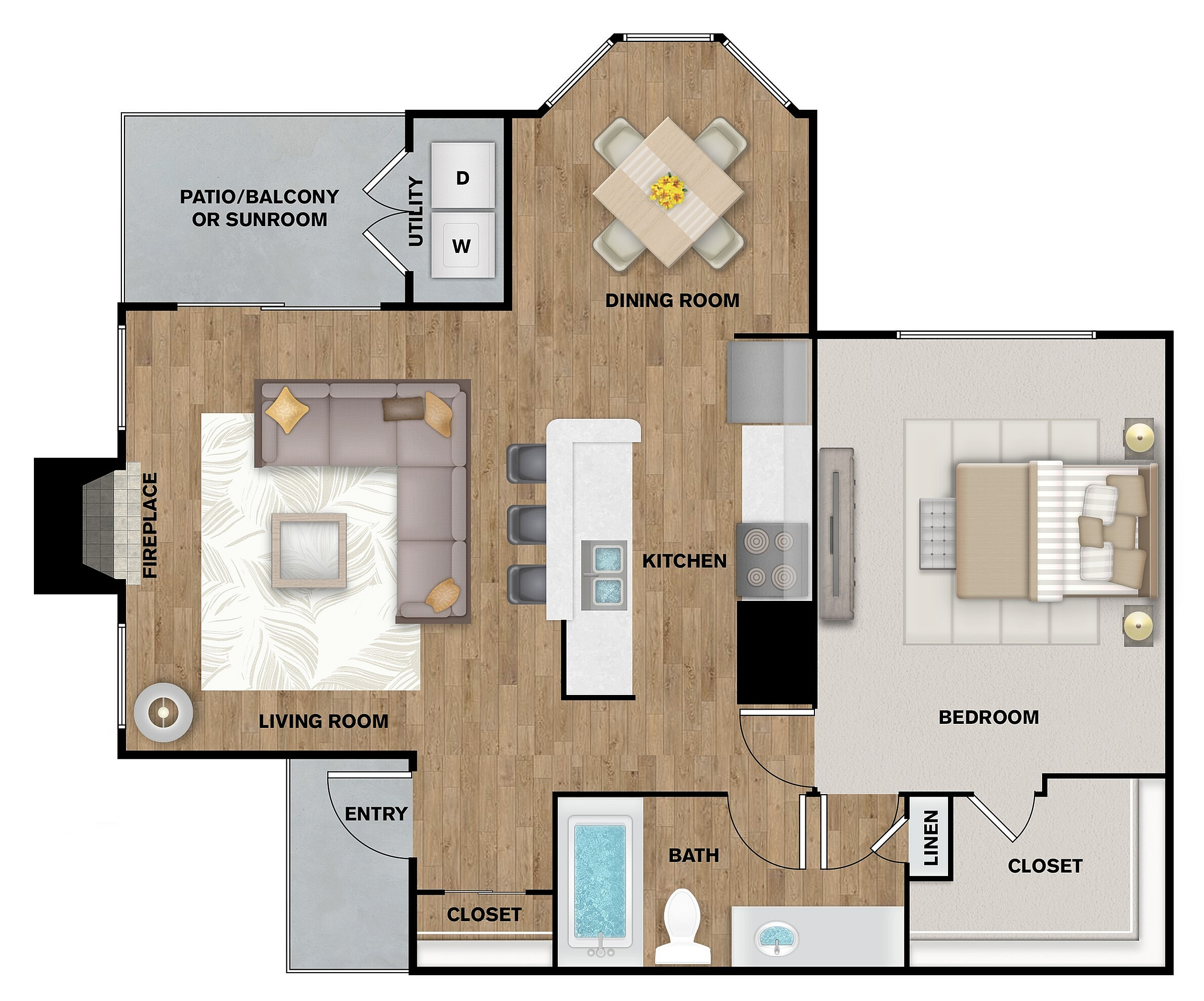 Modern floor plan featuring 1 bedroom, stylish kitchen, sunroom patio, and cozy living area with a fireplace.