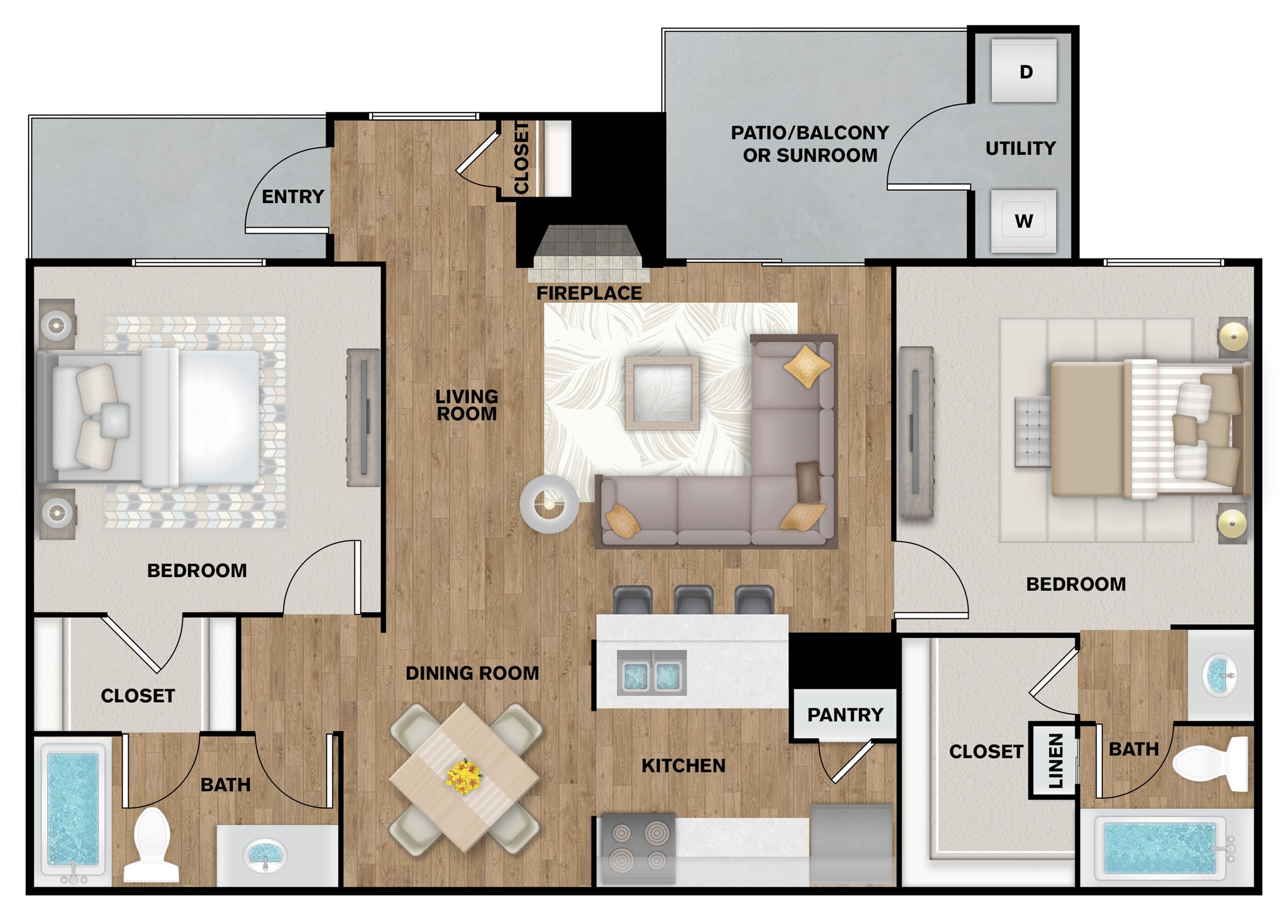 Elegant floor plan featuring two spacious bedrooms, a cozy living room with a fireplace, modern kitchen, and a sunroom patio for relaxation.