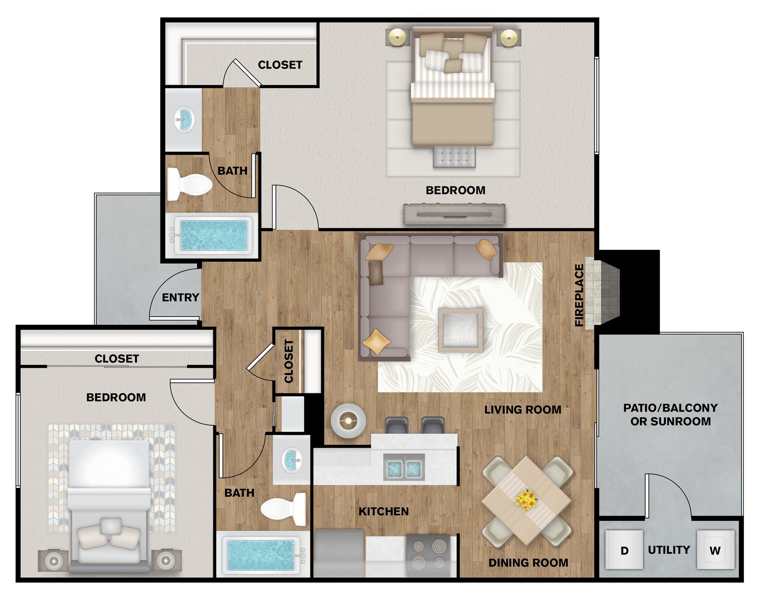 Modern floor plan showcasing 2 bedrooms, 2 baths, an open kitchen, cozy living room with a fireplace, and a spacious patio in a serene setting.