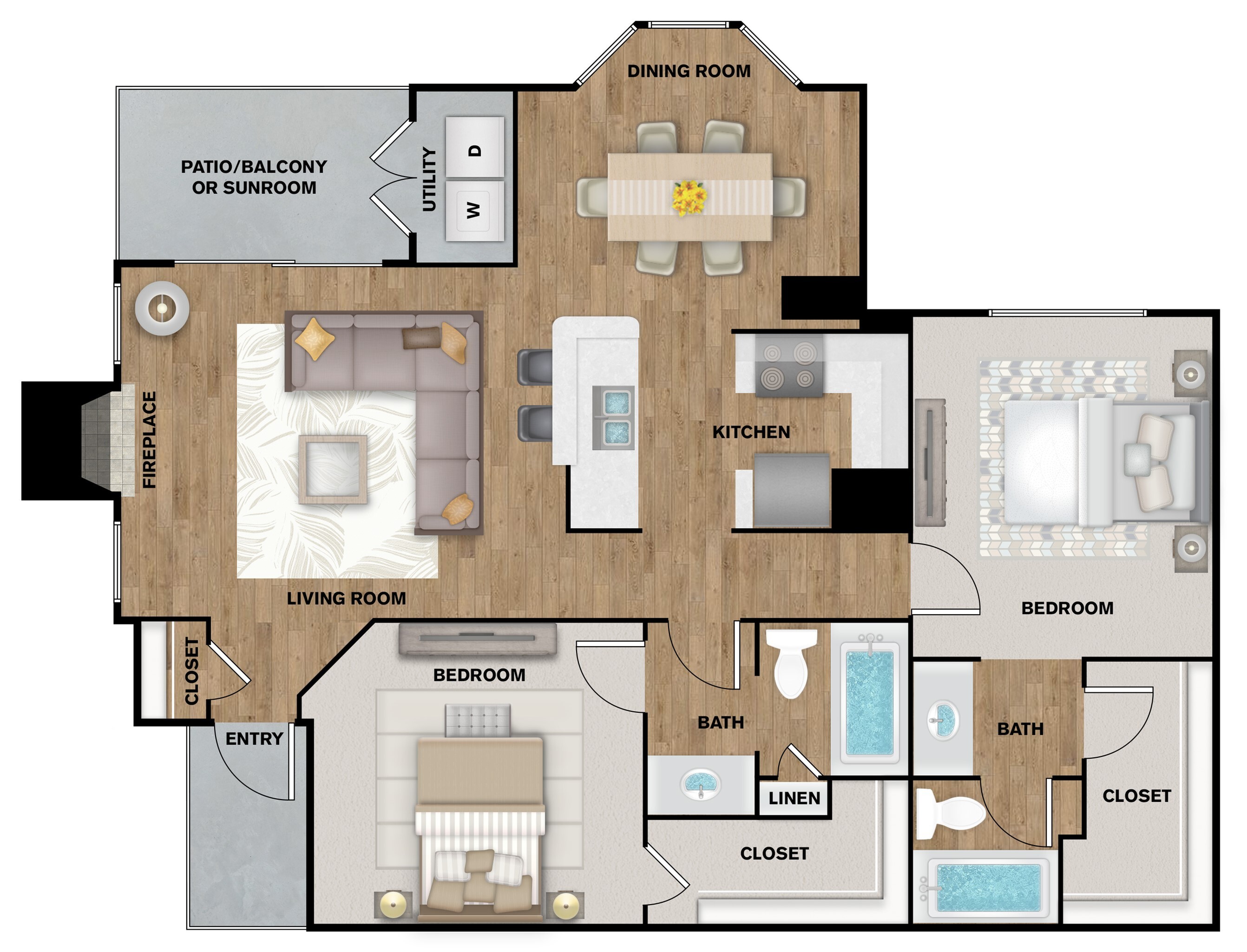 Elegant apartment floor plan with 2 bedrooms, a modern kitchen, cozy living room with fireplace, and a dining area that opens to a private balcony or sunroom.