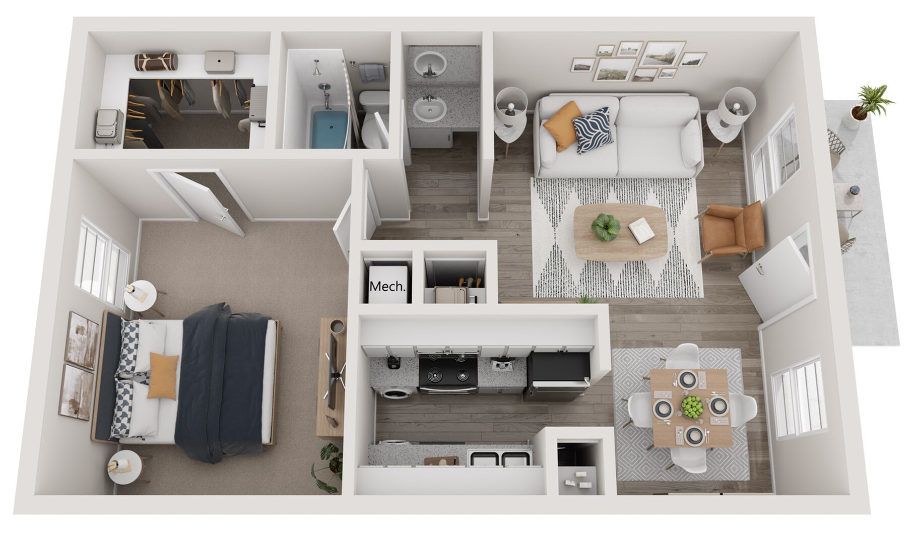 Charming 3D floor plan featuring 1 bedroom, an elegant living room, a modern kitchen with dining area, and a contemporary bathroom.