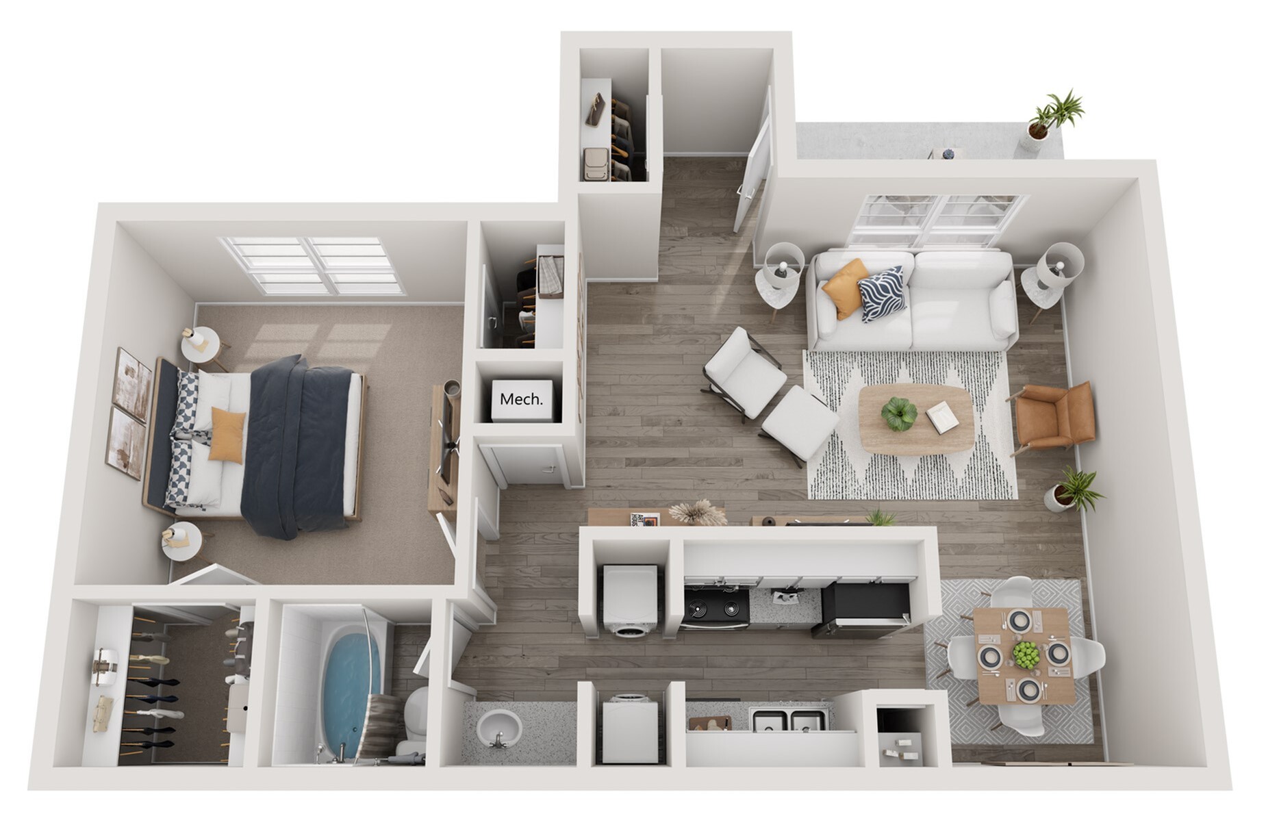 Modern 1-bedroom apartment floor plan featuring an open-concept living area, stylish kitchen, and cozy bathroom.
