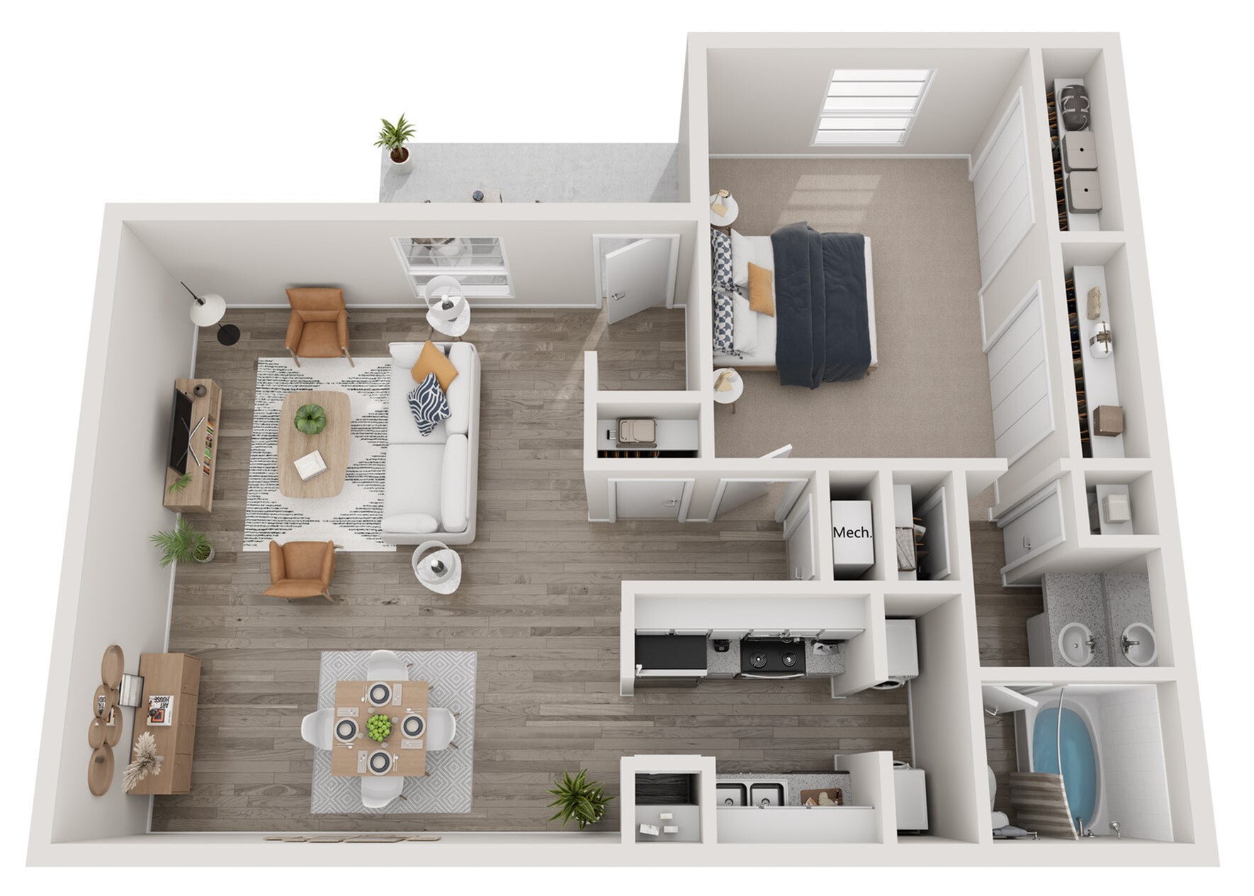 Modern 1-bedroom apartment floor plan with open-concept living and dining area, stylish kitchen, and spacious bathroom.