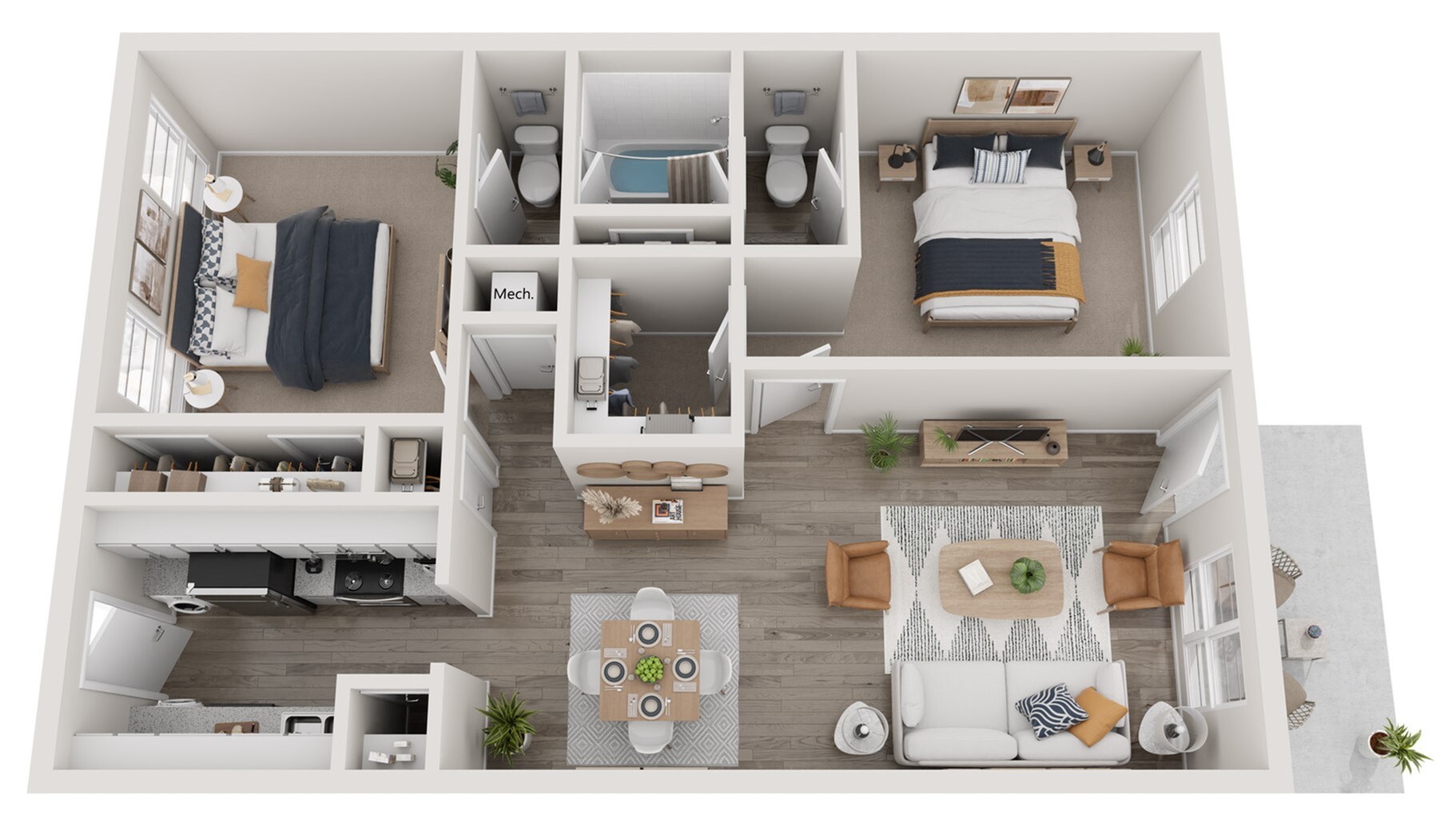 Chic 3D floor plan showcasing 2 cozy bedrooms, modern kitchen, inviting living area, and stylish dining space.