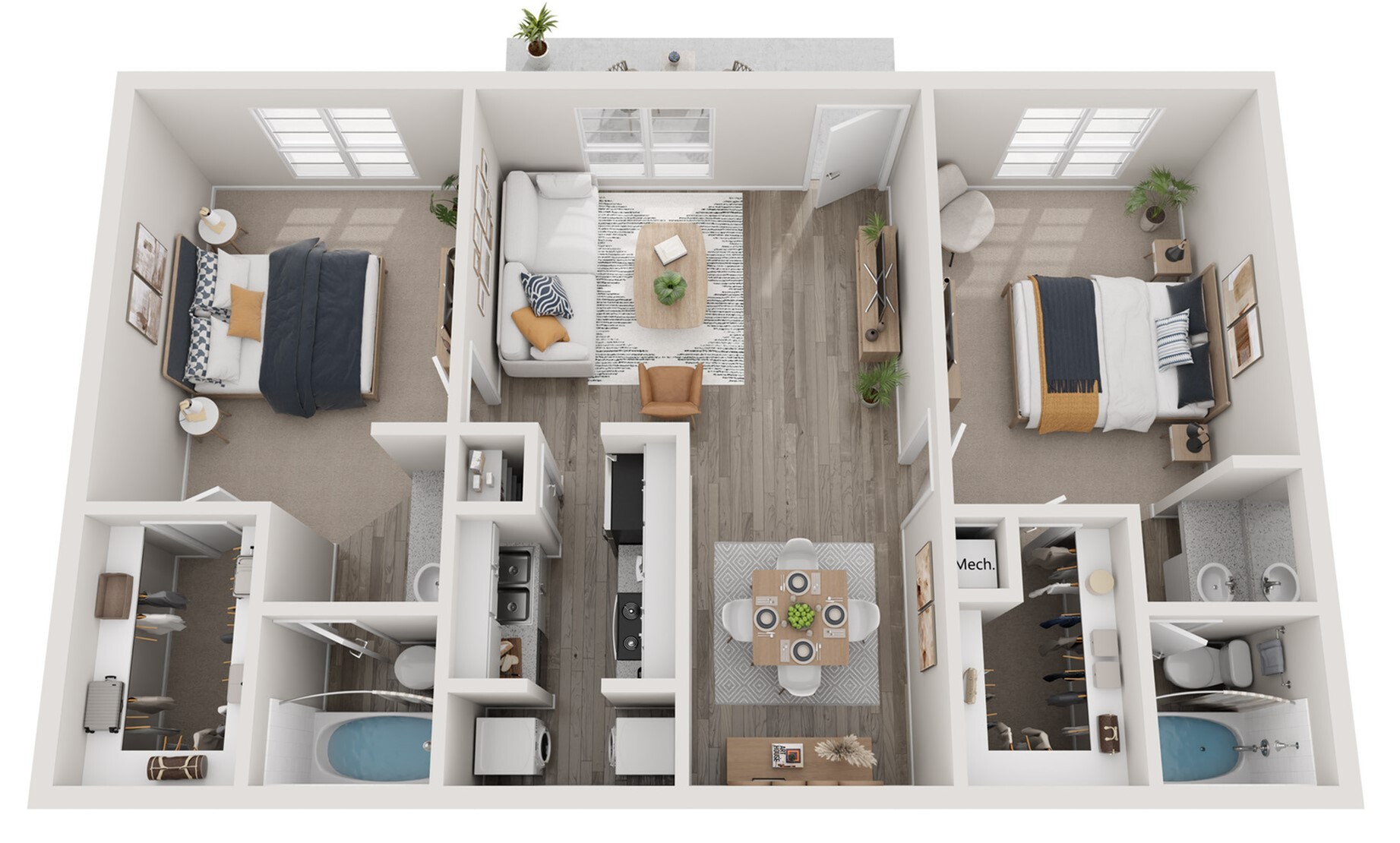 Modern 3D apartment floor plan with two spacious bedrooms, stylish living area, dining space, and a sleek kitchen. Includes two bathrooms and ample closet storage.