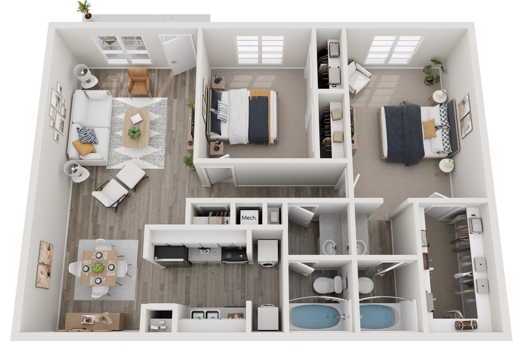 Modern 3D floor plan featuring two spacious bedrooms, cozy living area with stylish furnishings, open dining space, and a fully equipped kitchen.