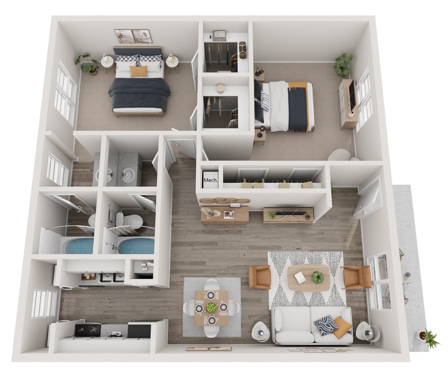 Chic 3D floor plan featuring 2 bedrooms, 2 bathrooms, open living and dining area, and a modern kitchen. Elegant design with ample storage and natural light.
