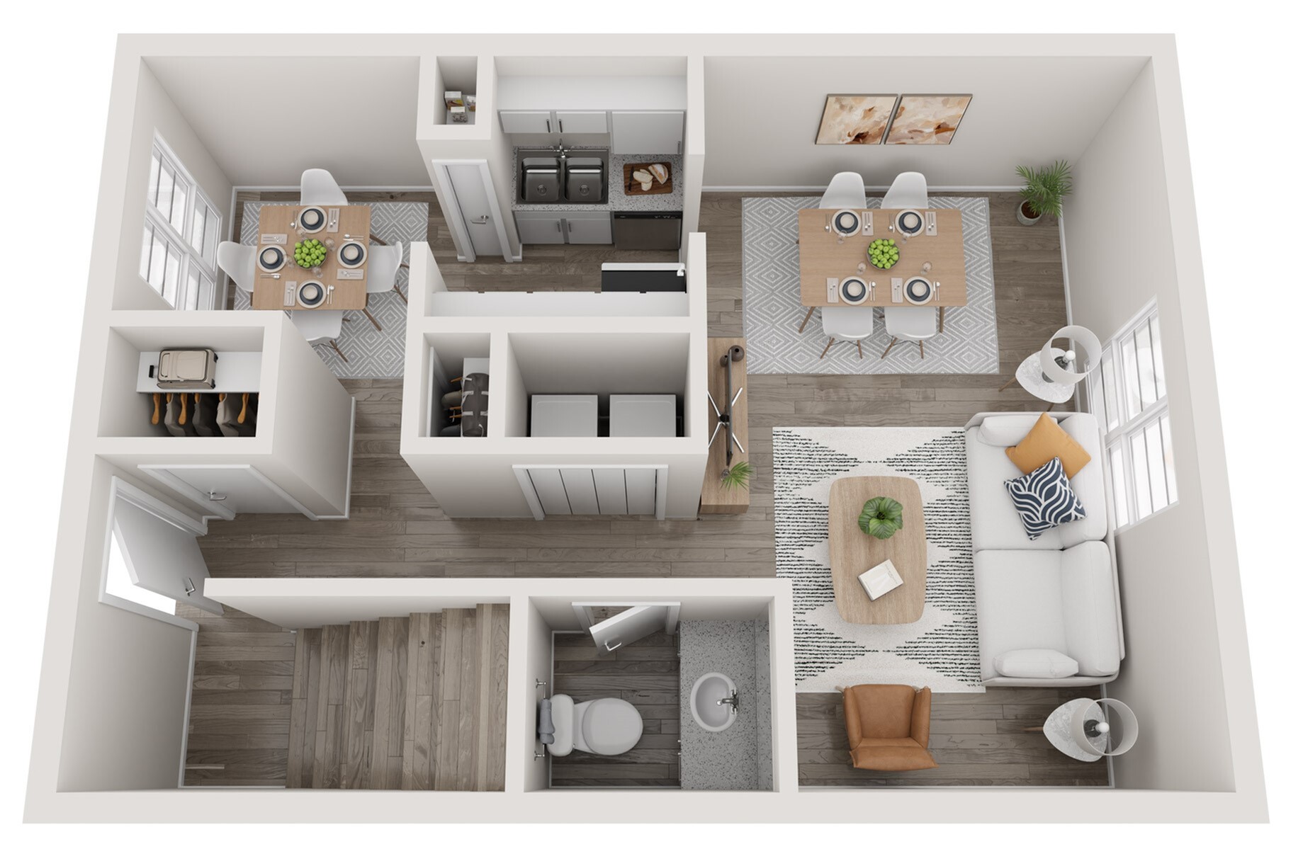 Modern 3D floor plan showcasing an inviting open-concept living room, dining area, and well-equipped kitchen with sleek design.