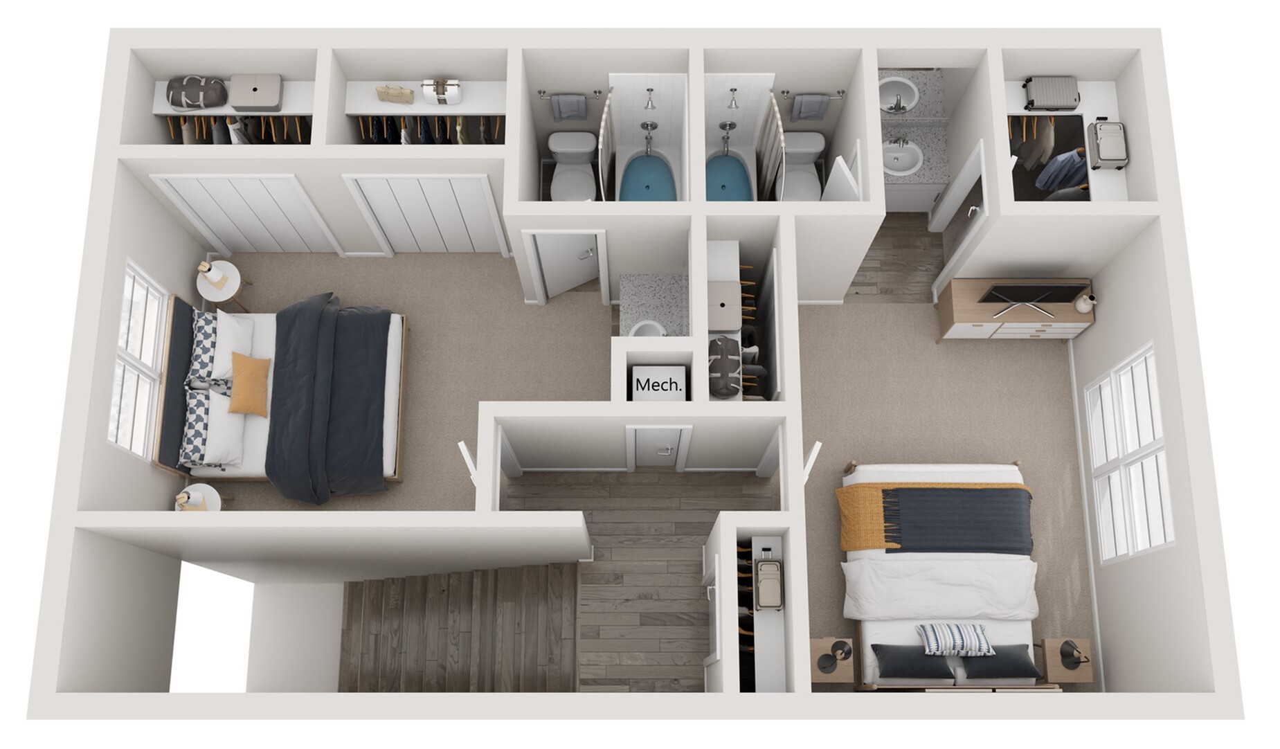 Contemporary 3D floor plan showcasing 2 spacious bedrooms, two modern bathrooms, and ample closet space.