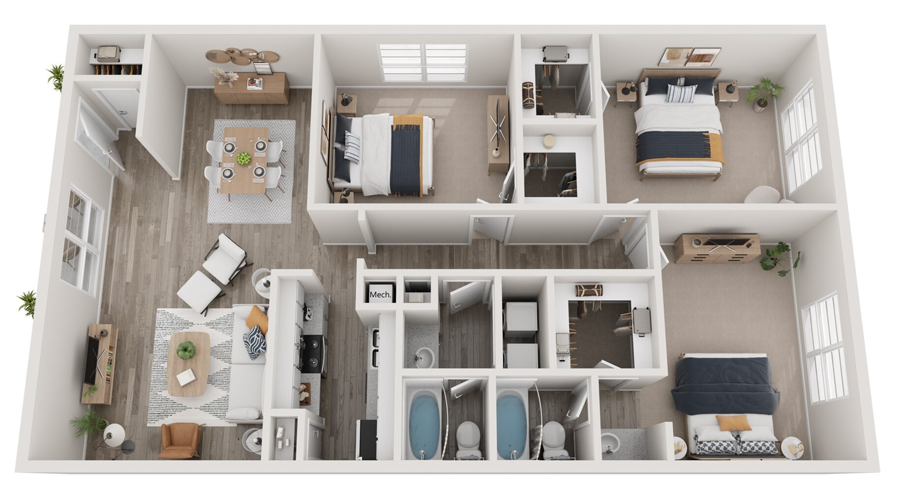 Modern 3D floor plan featuring 3 cozy bedrooms, spacious living area, elegant kitchen, and stylish dining space with natural light.