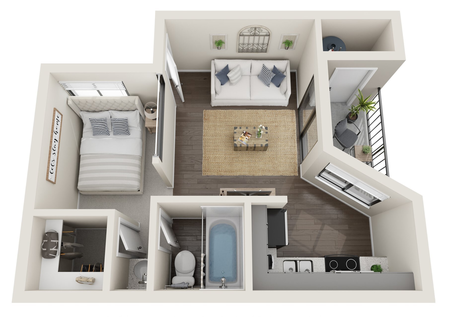 Charming 3D floor plan featuring a cozy one-bedroom apartment with an inviting living room, modern kitchen, and private balcony.