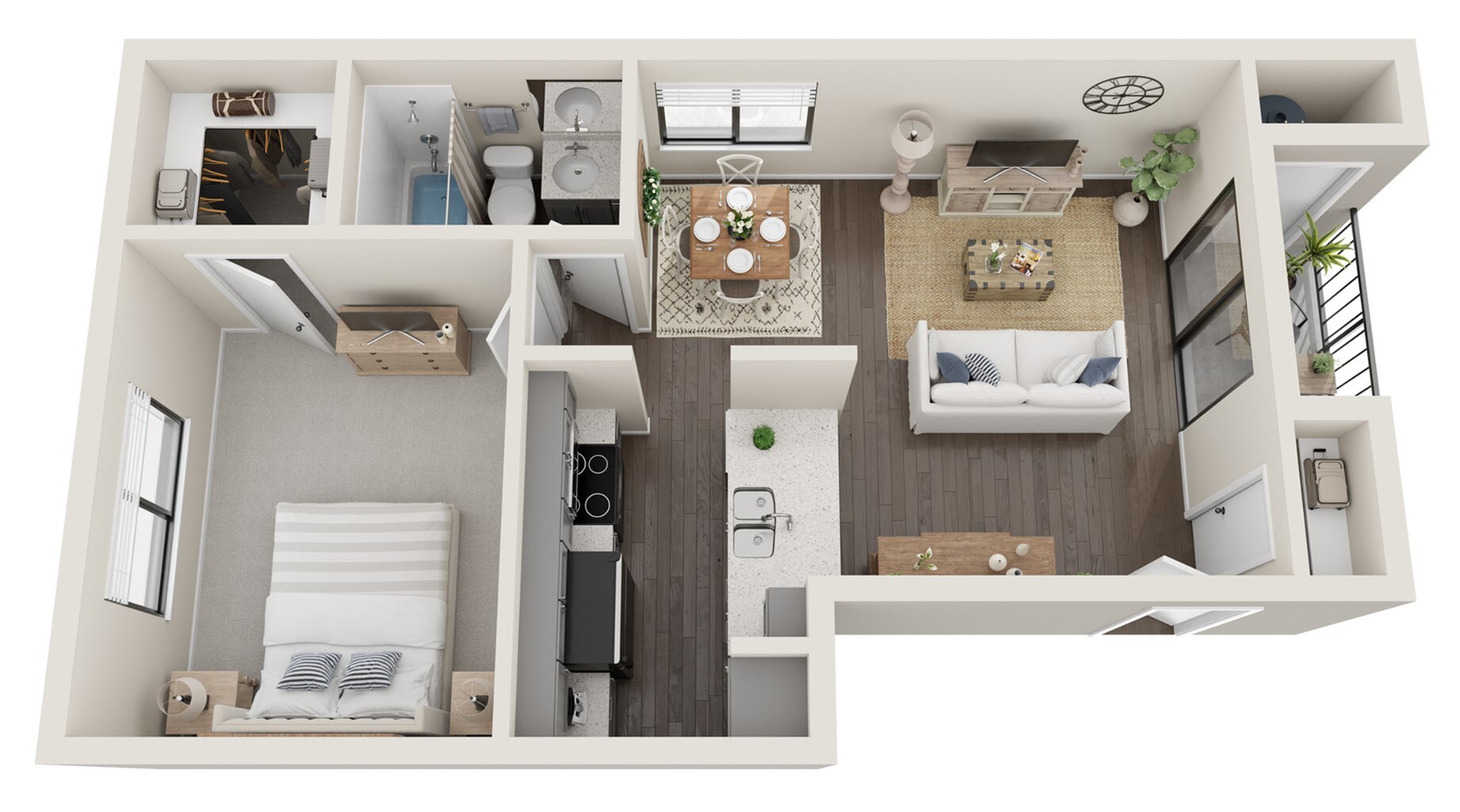 Chic 3D floor plan showcasing one-bedroom apartment with a cozy living room, modern kitchen, stylish dining area, and a spacious bathroom.