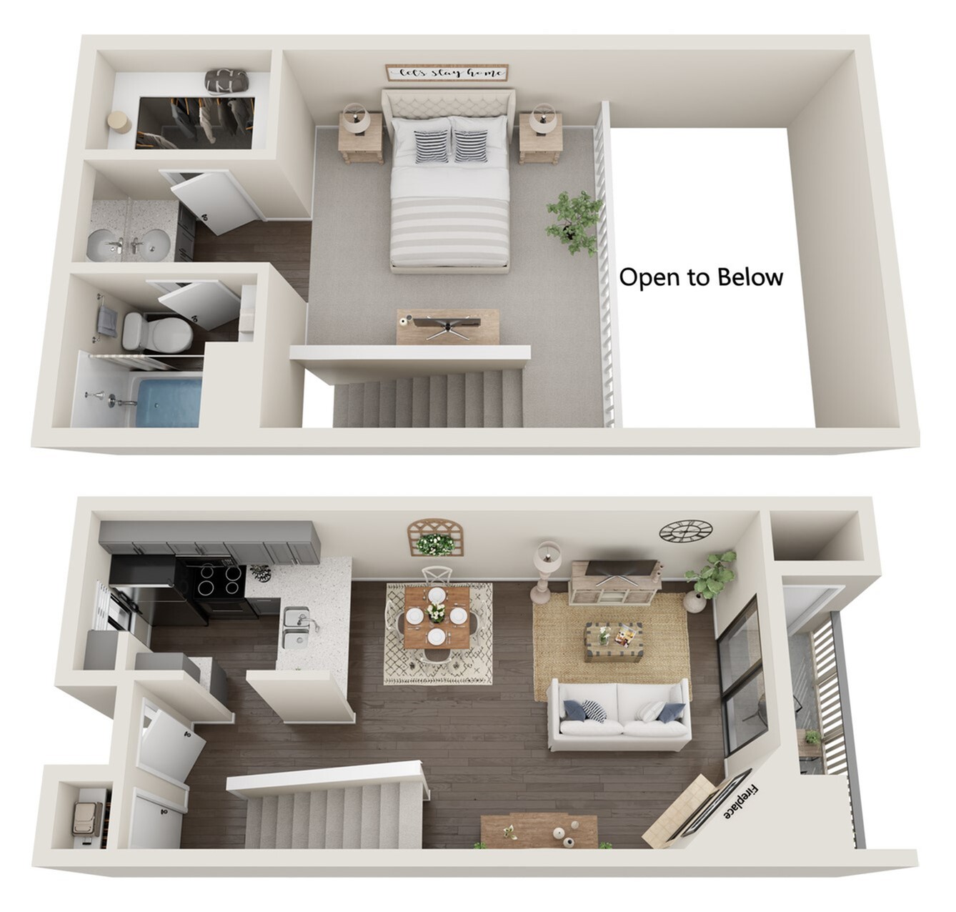 Modern floor plan with a spacious bedroom and bathroom upstairs, open-concept living and dining area, sleek kitchen, and inviting balcony downstairs.