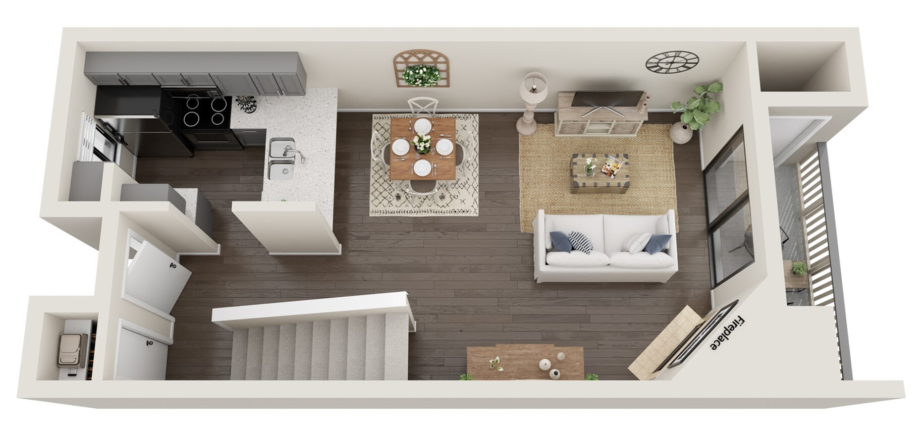 Charming open-concept floor plan showcasing a modern kitchen, cozy dining nook, and spacious living area with a fireplace and balcony access.