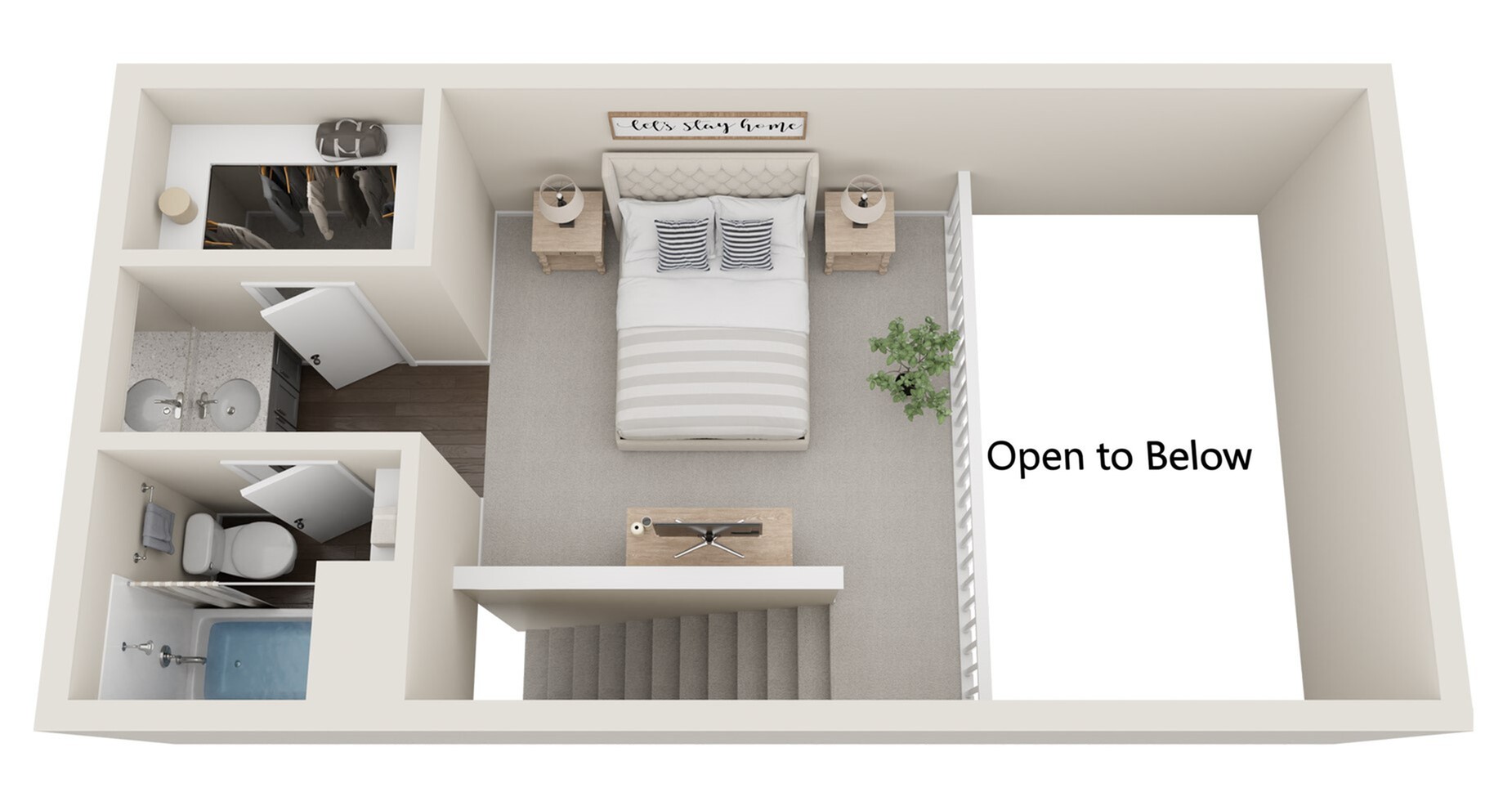 Elegant 3D floor plan showcasing a cozy bedroom with en-suite bathroom, walk-in closet, and an inviting open area overlooking below.