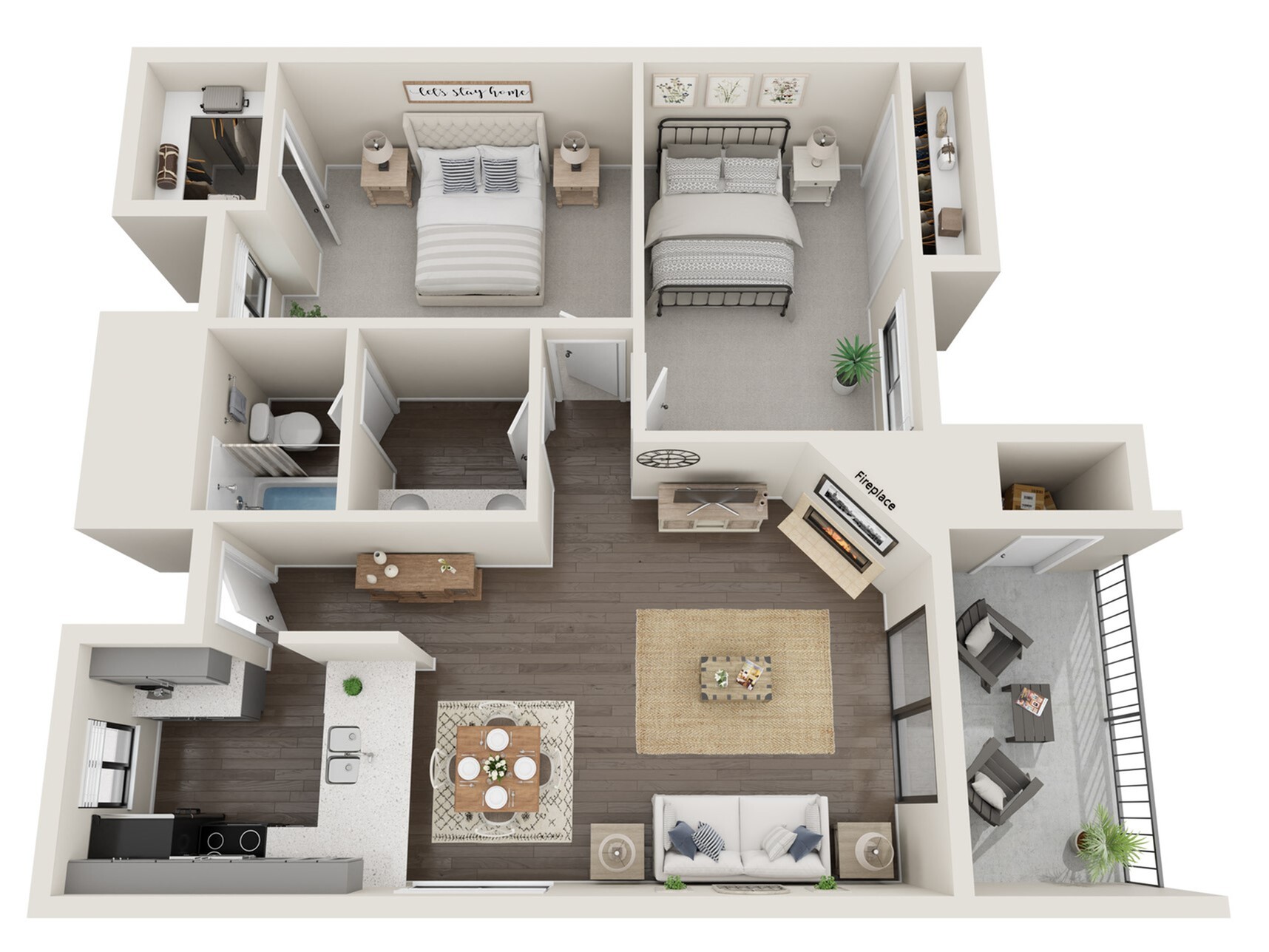 Elegant 3D floor plan showcasing two cozy bedrooms, a modern kitchen, a stylish living room with a fireplace, and a spacious balcony.