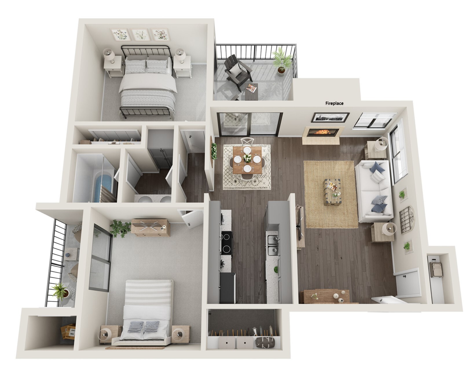 Chic 3D apartment layout featuring 2 cozy bedrooms, a stylish living room with fireplace, a modern kitchen, and a spacious balcony.