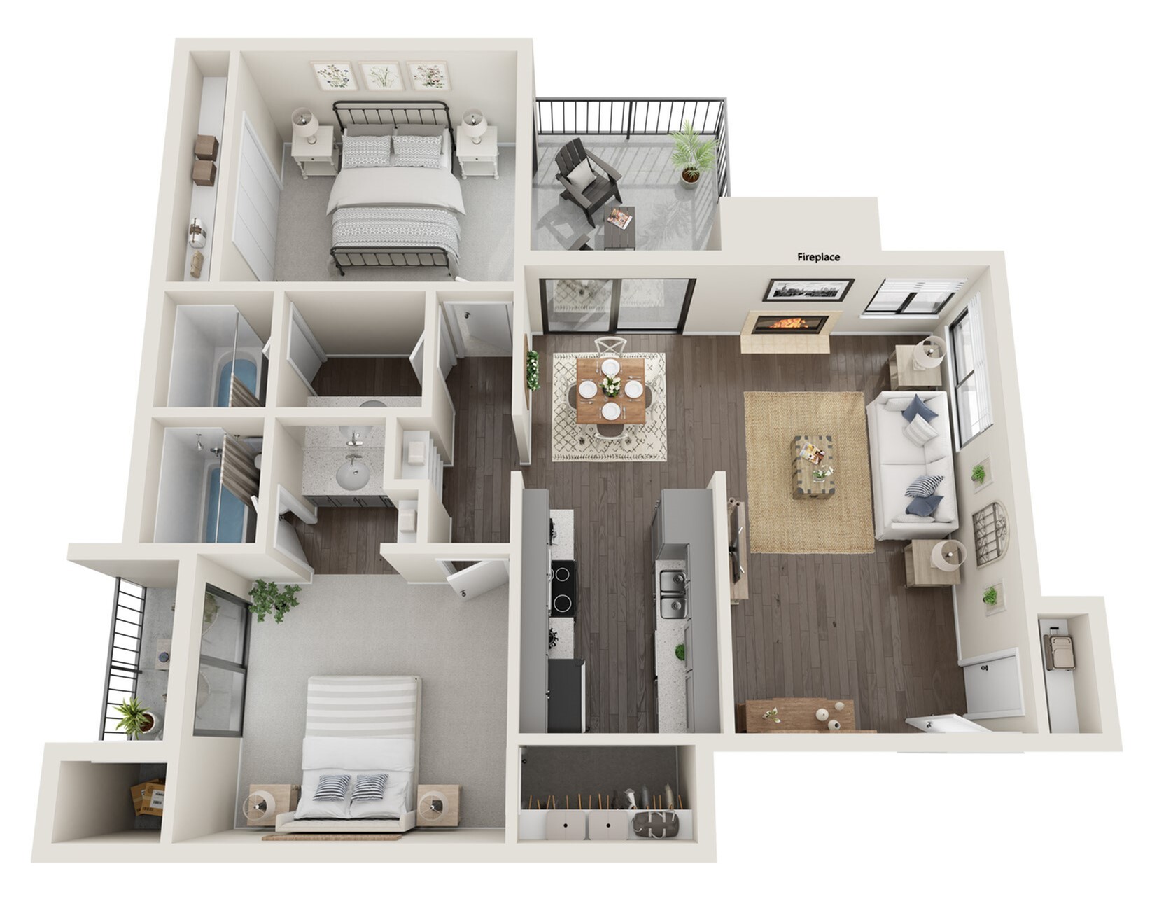 Chic 2D floor plan showcasing 2 bedrooms, cozy fireplace, and open living-dining area with a modern kitchen.