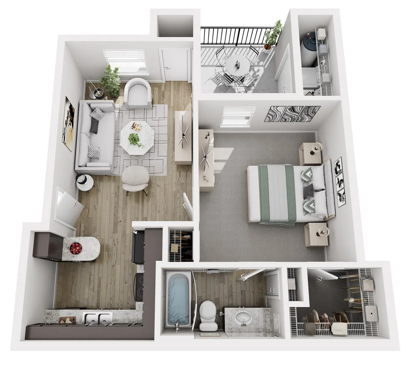 Charming 3D floor plan of a modern apartment with one bedroom, a cozy living room, sleek kitchen, elegant bathroom, and a private balcony.