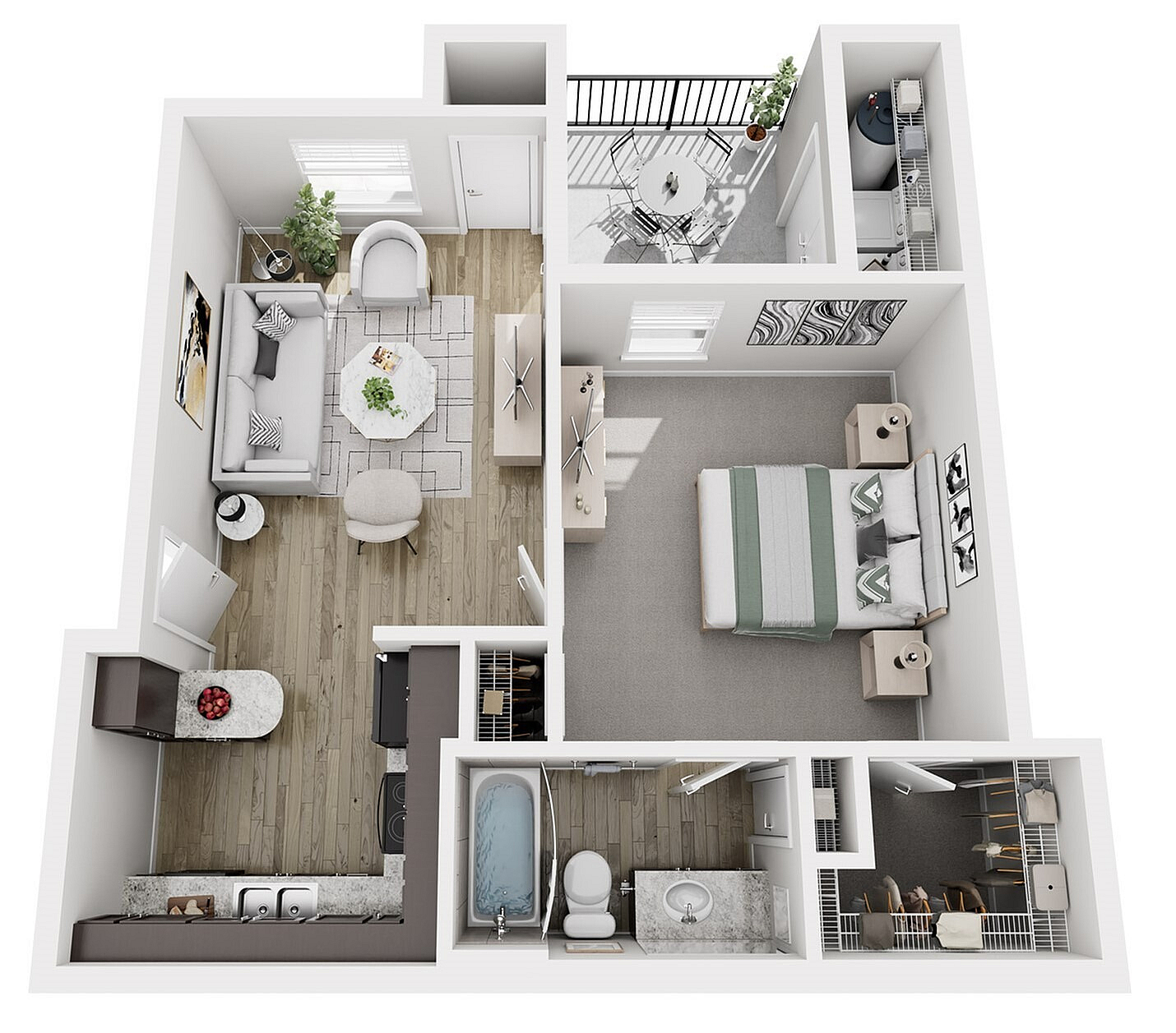 Chic 2D floor plan showcasing a cozy one-bedroom apartment with an inviting living space, modern kitchen, elegant bathroom, and a private balcony.