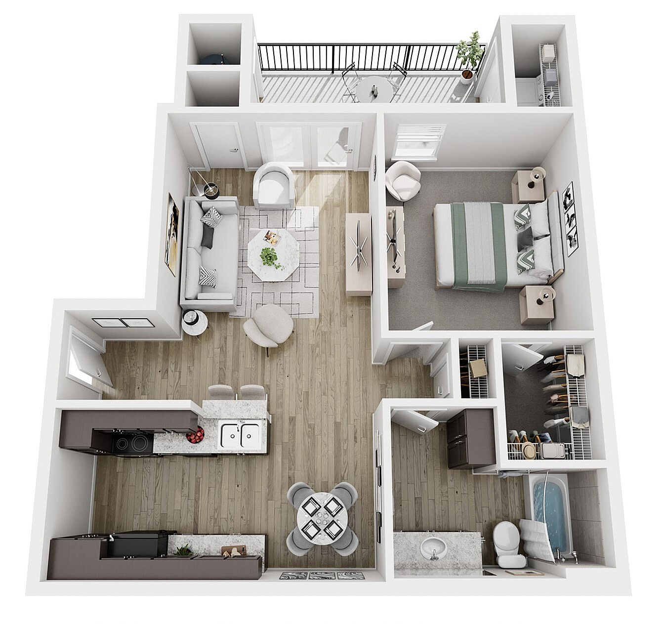 Modern open-concept apartment floor plan featuring one spacious bedroom, a stylish living area, and a sleek kitchen with contemporary finishes.