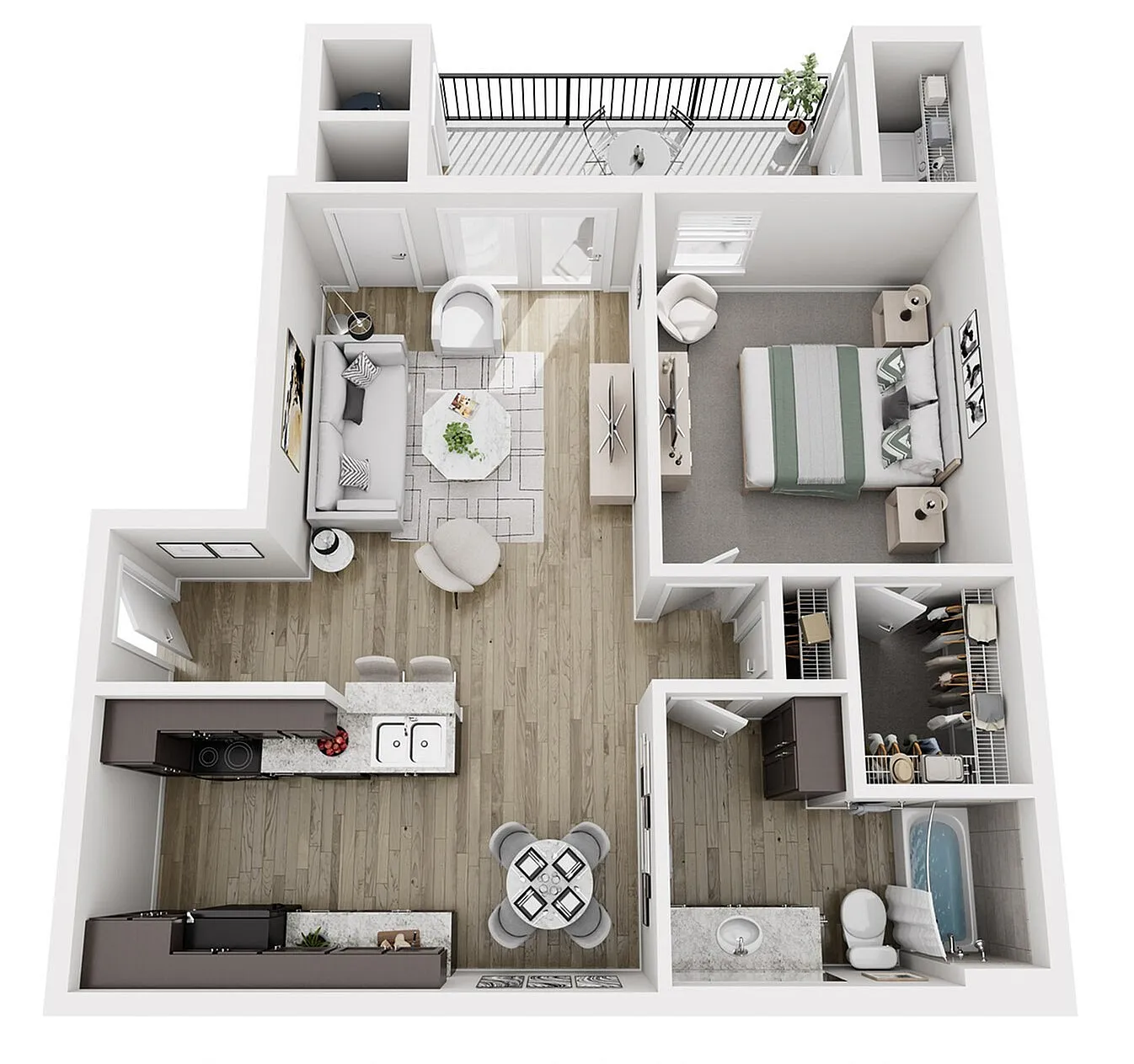 Modern apartment floor plan featuring a cozy bedroom, spacious living area, elegant kitchen, and inviting balcony with a stylish open layout.