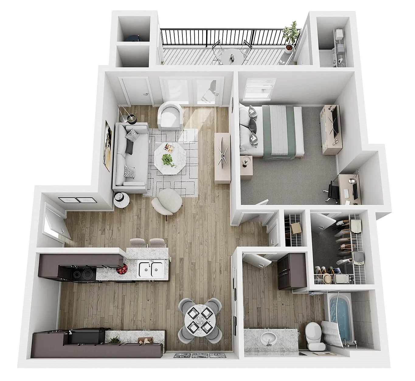 Modern floor plan showcasing a stylish 1-bedroom apartment with an open-concept living area, sleek kitchen, and spacious balcony.