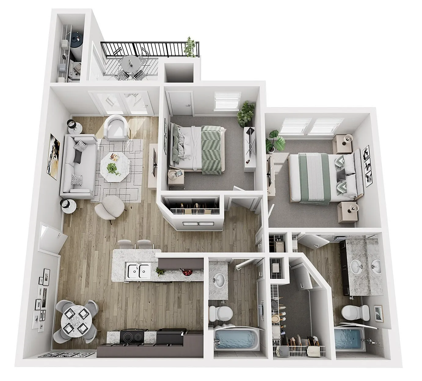 Modern 3D floor plan showcasing a stylish 2-bedroom, 2-bath apartment with open living area, elegant kitchen, and a cozy balcony.