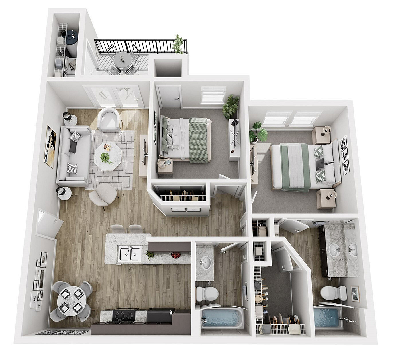 Elegant 3D floor plan showcasing 2 cozy bedrooms, a modern kitchen with island seating, a chic living area, and a private balcony for relaxation.