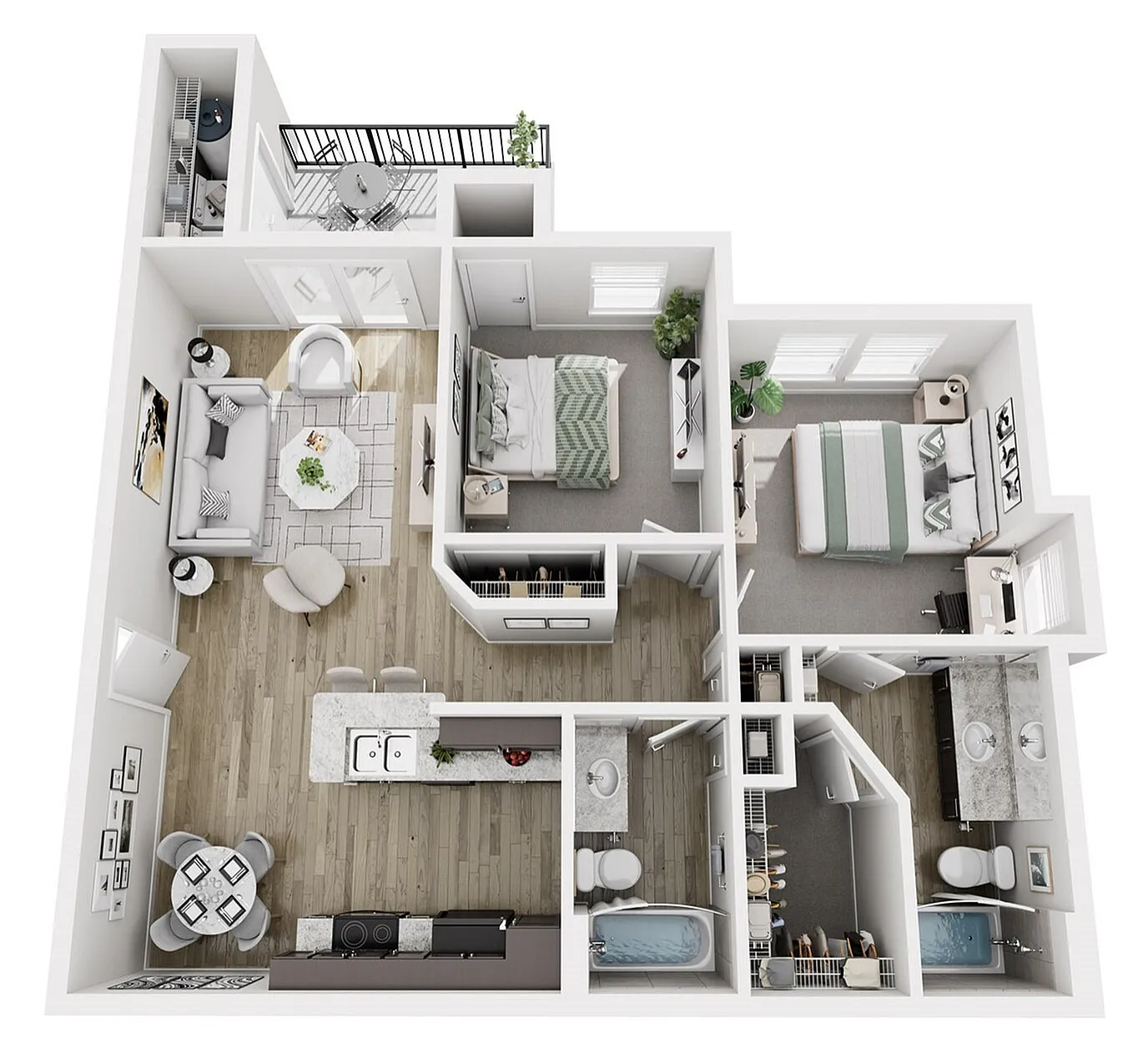 Chic 3D floor plan showcasing a modern apartment with 2 bedrooms, open living space, elegant kitchen, and two stylish bathrooms, complete with a cozy balcony.