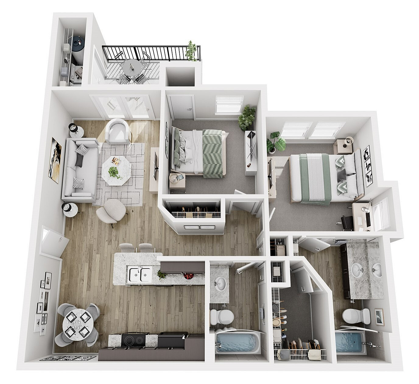 Modern 3D floor plan showcasing two cozy bedrooms, a stylish open-concept living room, fully equipped kitchen, elegant dining area, and two sleek bathrooms with a private balcony view.