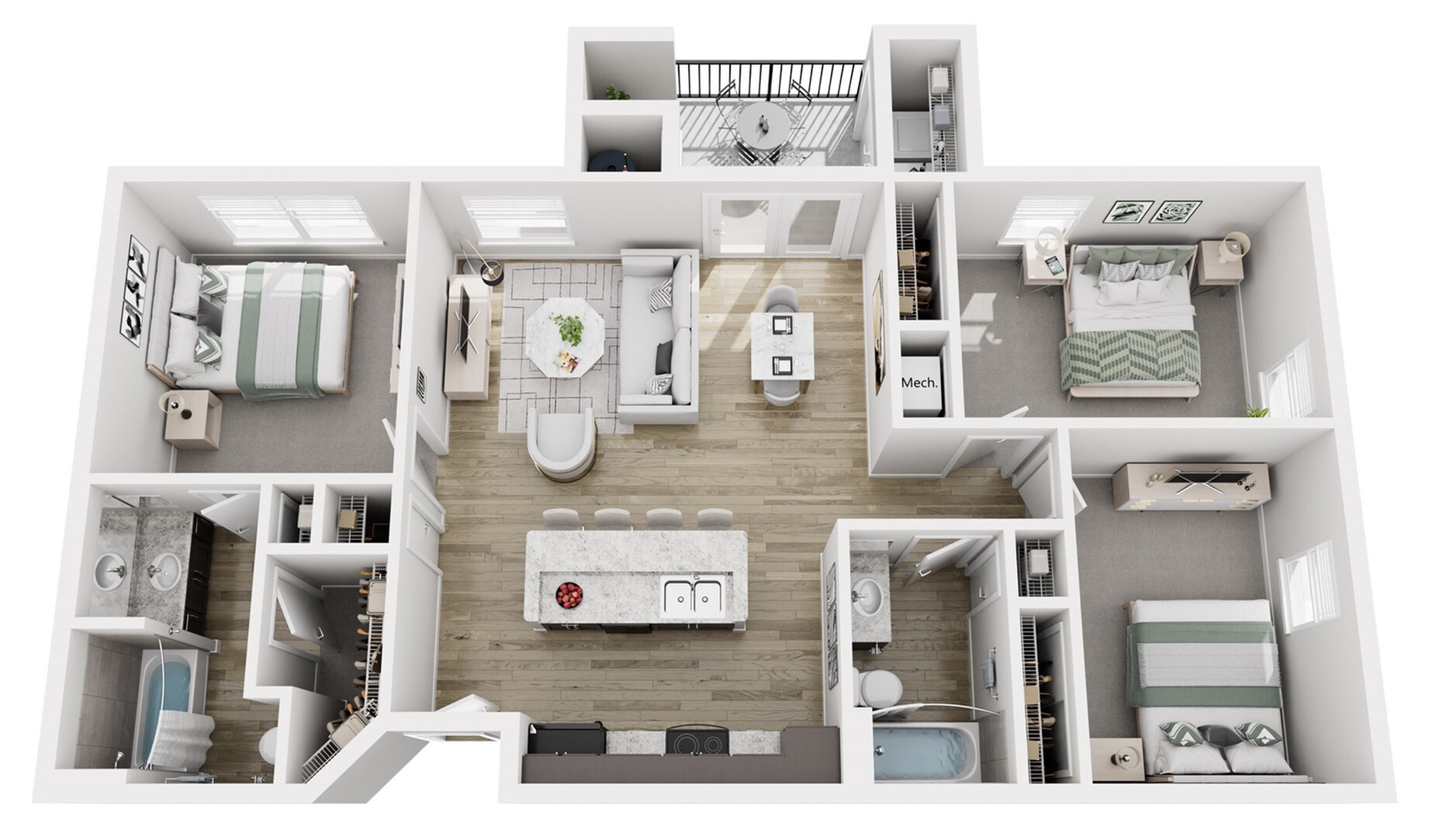 Contemporary 3D floor plan showcasing a stylish 3-bedroom apartment with an open kitchen, cozy living area, and two modern bathrooms.