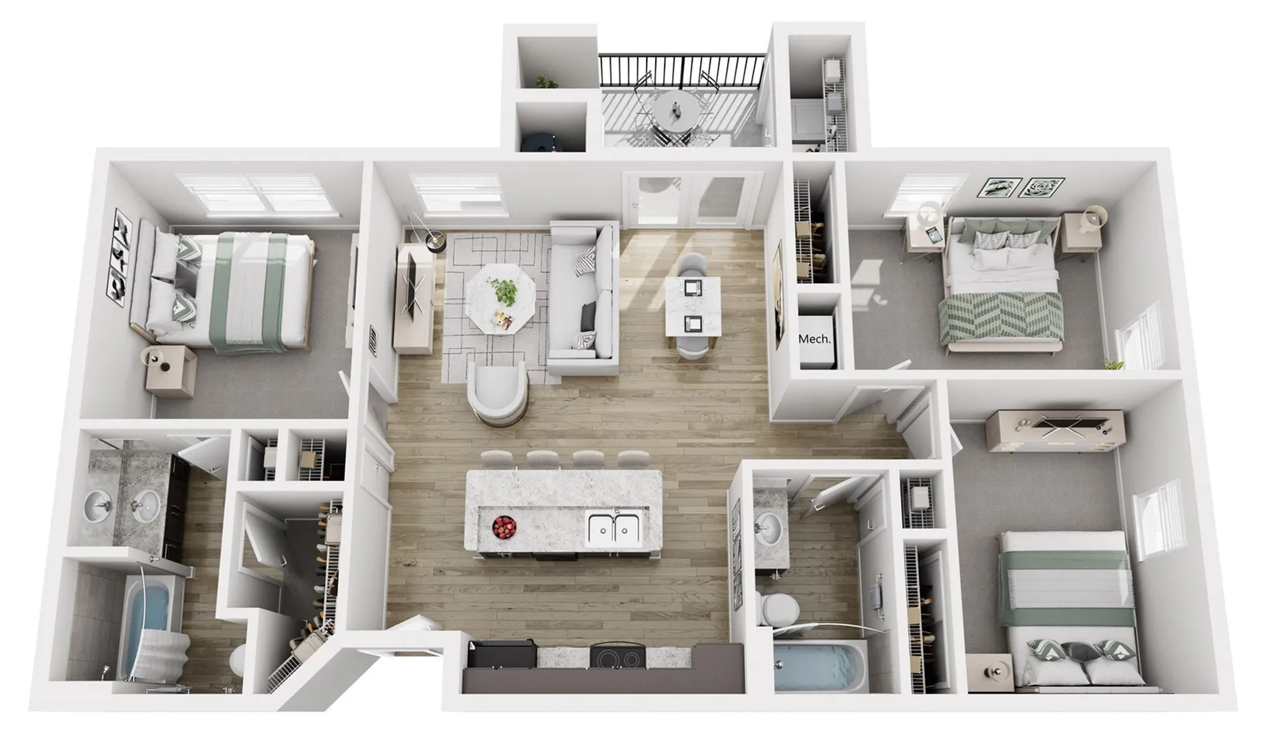 Modern apartment floor plan featuring an open-concept living area, three bedrooms, two bathrooms, a sleek kitchen with a breakfast bar, and a cozy balcony.