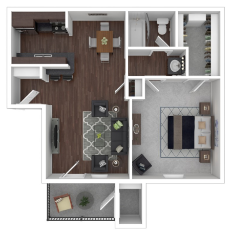 Modern apartment floor plan showcasing 1 bedroom, a stylish living area, spacious kitchen, and a cozy balcony.