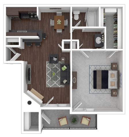 Modern floor plan showcasing an elegantly designed 1-bedroom apartment with a spacious living room, stylish kitchen, cozy dining area, and a private balcony.