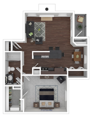 Modern 2D floor plan featuring a spacious bedroom, open-concept living and dining area, stylish kitchen, and cozy balcony space.