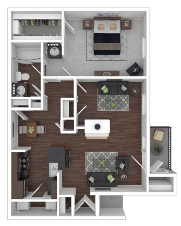 Modern 2D floor plan showcasing a spacious master bedroom, elegant bathroom, and an expansive open-concept living and kitchen area with stylish decor.