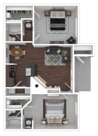 Modern 2D floor plan showcasing 2 spacious bedrooms, elegant living area, and a contemporary kitchen with dining space.