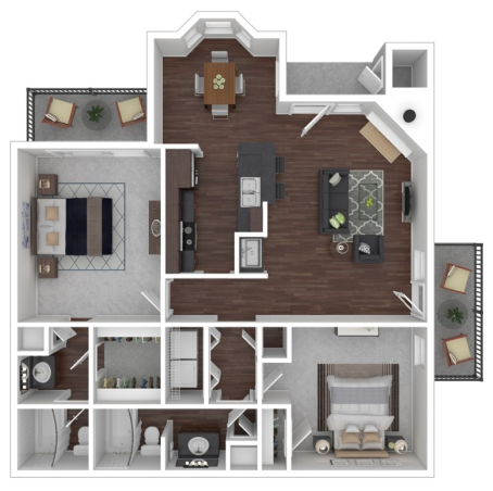 Modern floor plan showcasing 2 elegant bedrooms, a sleek open-concept kitchen, and a cozy living area with stylish decor.