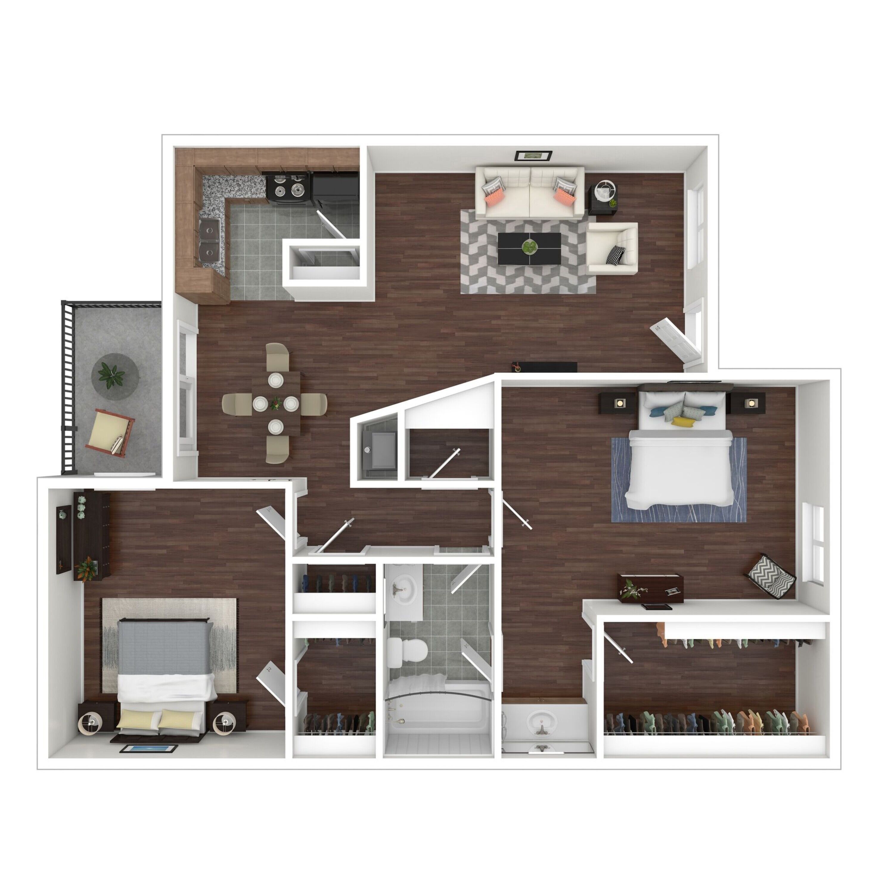 Modern 2D floor plan featuring 2 bedrooms, spacious living area, sleek kitchen, and cozy private balcony.