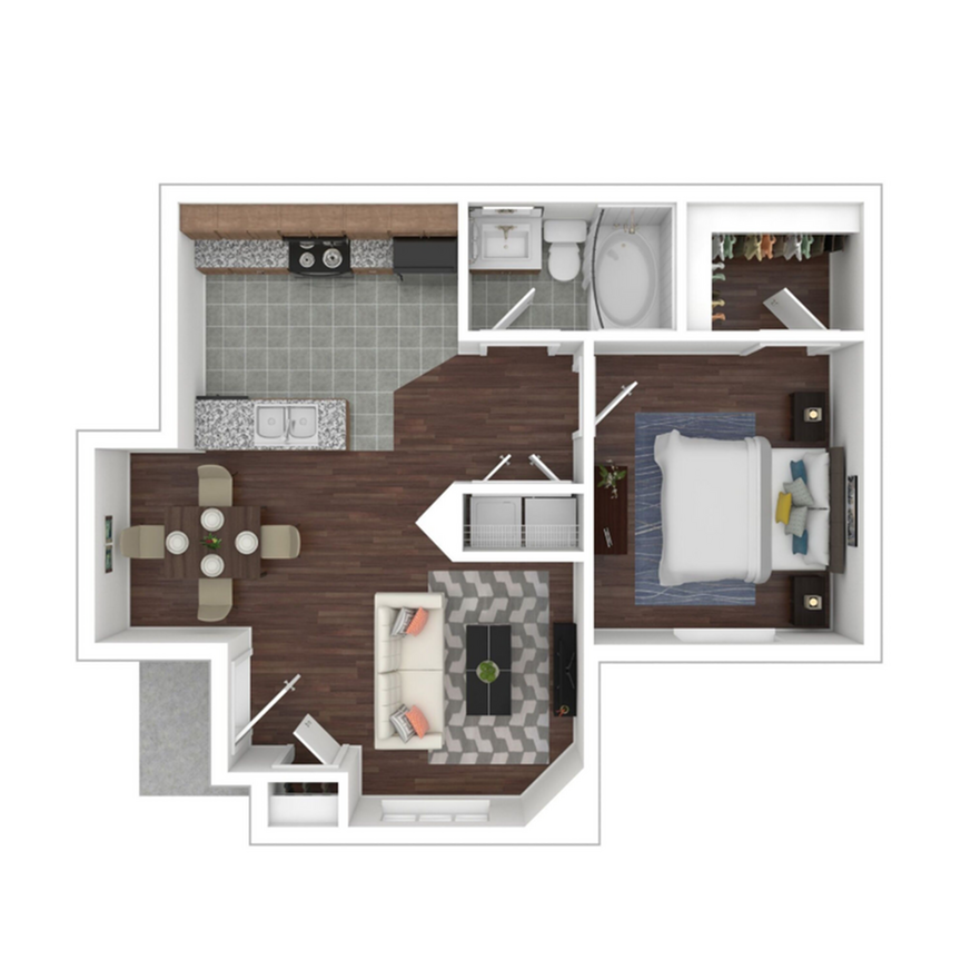 Contemporary floor plan featuring a cozy bedroom, stylish living area, dining space, modern kitchen, and a full bathroom.