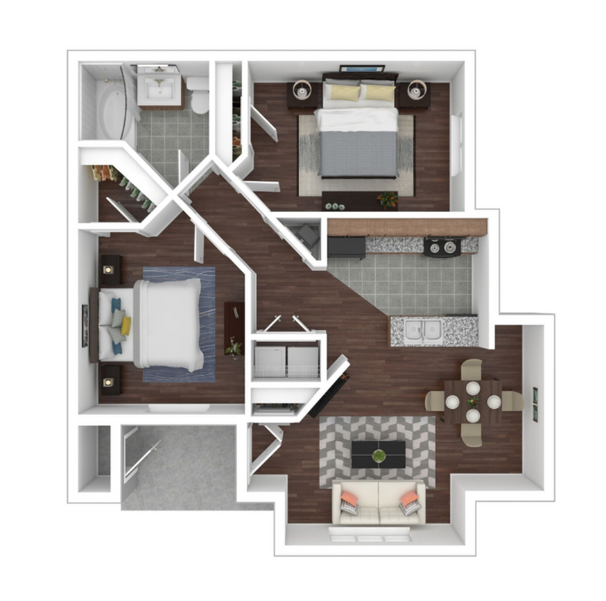 Modern 2D floor plan showcasing 2 cozy bedrooms, stylish open-concept living and dining area, and a sleek kitchen layout.